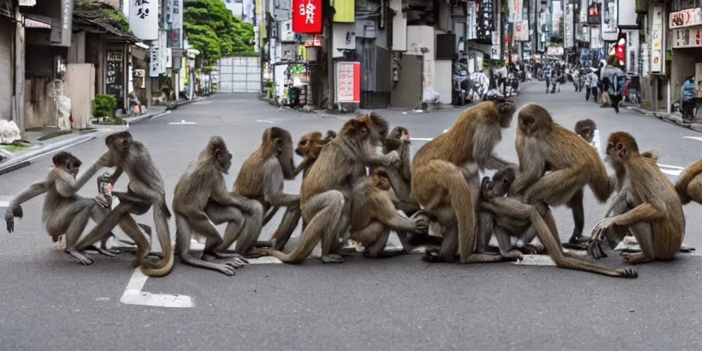 Image similar to a tight shot of a dozen monkeys attacking a street in Japan by Ashley Wood, rule of thirds