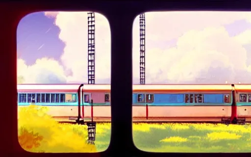 Image similar to a train with outer space visible through the window, art by hayao miyazaki, studio ghibli film, hi res, 4k, high detail