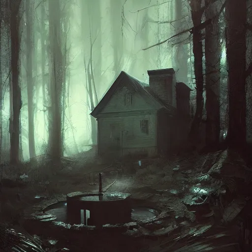 Image similar to old house with a well in the woods, old well, the colour out of space, horror, dramatic lighting, lovecraftian, painted by raymond swanland, painted by greg rutkowski, painted by jeremy mann, painted by artgerm, painted by igor kieryluk, trending on artstation