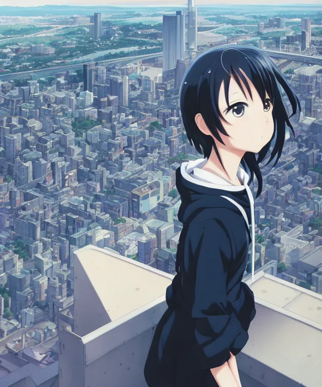 Image similar to anime visual, portrait of a young black haired girl wearing hoodie sightseeing above the city, guardrail, cute face by yoh yoshinari, katsura masakazu, dramatic lighting, dynamic pose, dynamic perspective, strong silhouette, ilya kuvshinov, anime cels, 1 8 mm lens, fstop of 8, rounded eyes, moody, detailed facial features