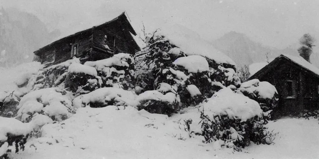 Image similar to 1 9 2 0 s photography of hut in the alps being submerged in snow, krampus hay monster crawling out of it