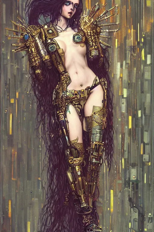 Image similar to beautiful young gothic maiden, cyberpunk, Warhammer, highly detailed, artstation, illustration, art by Gustav Klimt