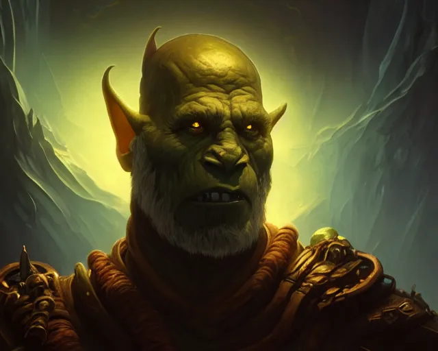 Prompt: a 4 k cinematic screenshot still portrait of a orc in a dark liminal space room surrounded by amber glow, deep focus, d & d, fantasy, intricate, elegant, highly detailed, digital painting, art station, concept art, matte, sharp focus, illustration, dark fantasy style art, hearthstone, art by artgerm and greg rutkowski and alphonse mucha