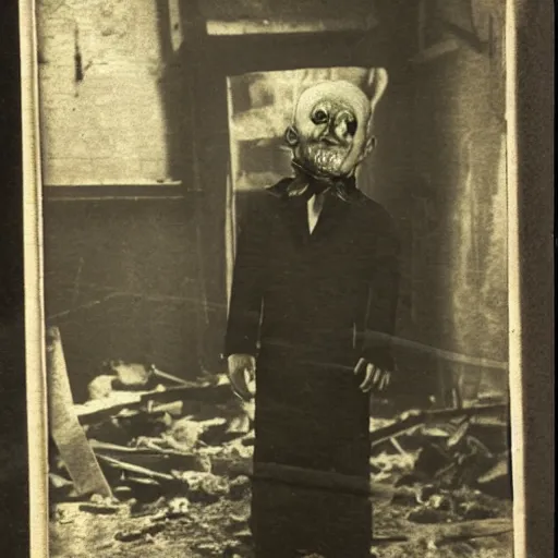 Image similar to a cabinet photo of a scary Zombie lurking at a dark corner of a demolished building at night on the 1800s