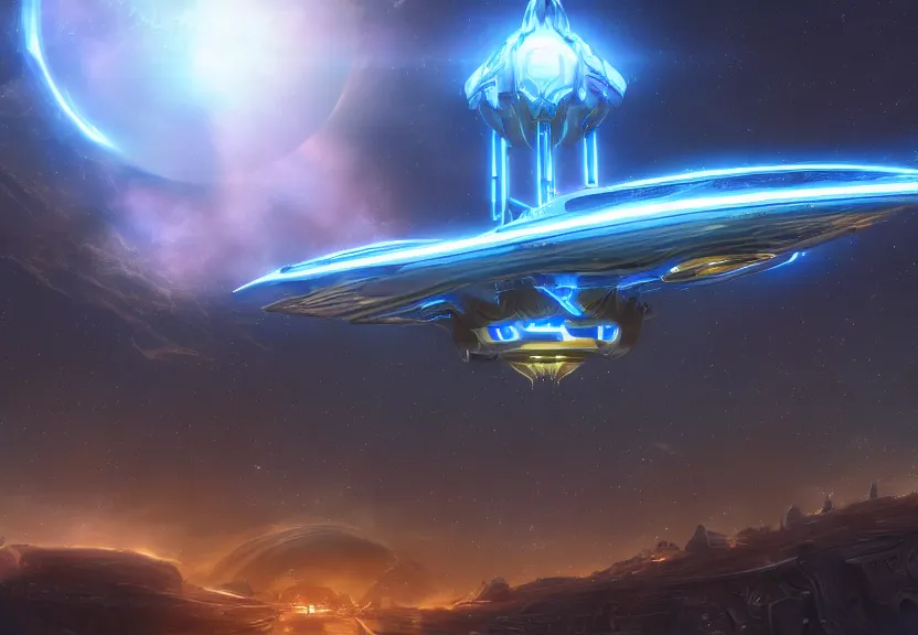 Image similar to protoss spaceship hovering above protoss city beautiful art uhd 4 k, artstation, hdr, 4 k, incredible detail, cinematic lighting, unreal engine 5