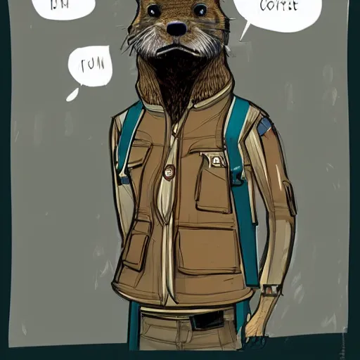 Image similar to anthropomorphic furry otter wearing cool clothes in a coffee shop, trending on art station, furaffinity, syd mead