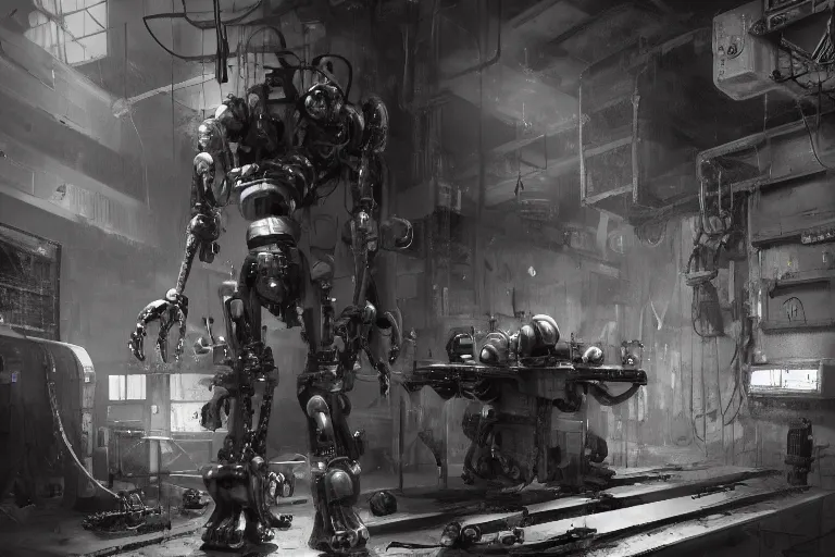 Image similar to eddie mendoza blender gloomy colossal ruined server room in datacenter robot figure automata headless drone robot knight welder posing pacing fixing soldering mono sharp focus, emitting diodes, smoke, artillery, sparks, racks, system unit, motherboard, by rutkowski artstation hyperrealism cinematic dramatic painting concept art of detailed character design matte painting