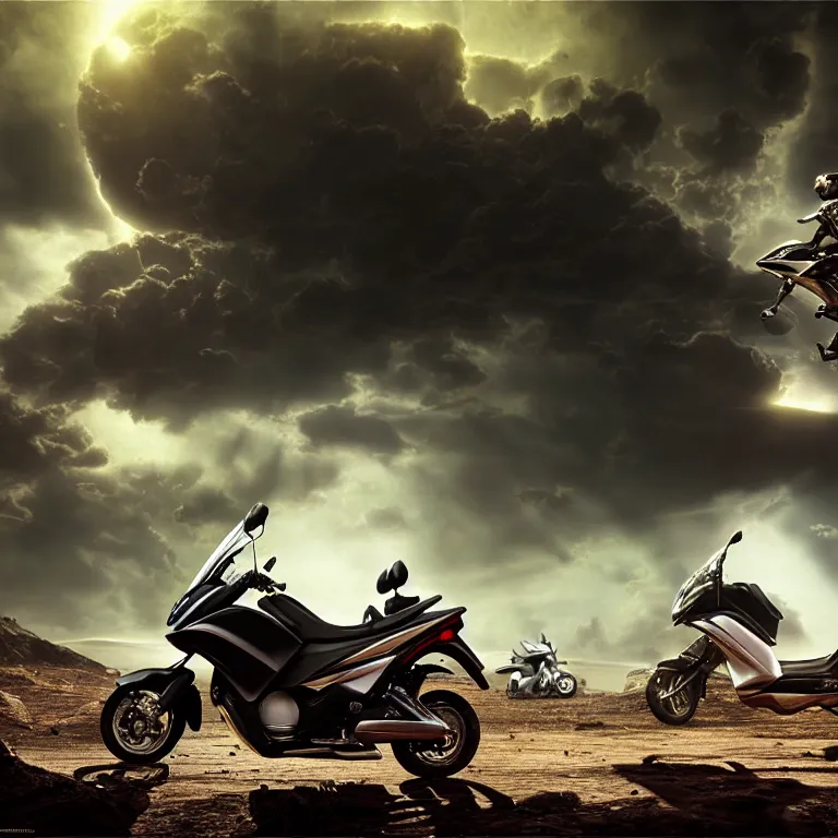 Image similar to landscape ad for yamaha aerox 2 0 0 4 motorbike in dirty wastelands on exoplanet, baroque painting, dramatic sky, beautiful intricate insanely detailed octane render, artstation, 8 k artistic photography, photorealistic, volumetric perfect light, chiaroscuro, raphael, caravaggio, beksinski, rutkowski, giger