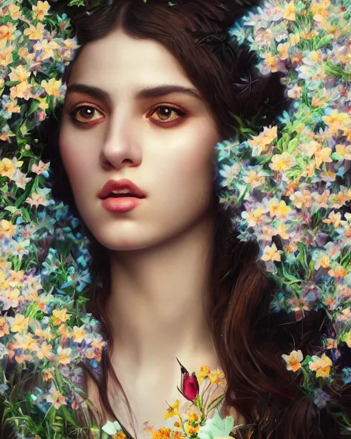 Image similar to portrait of a middle eastern girl, surrounded by flowers by karol bak, james jean, tom bagshaw, rococo, sharp focus, trending on artstation, cinematic lighting, hyper realism, octane render, 8 k, hyper detailed.