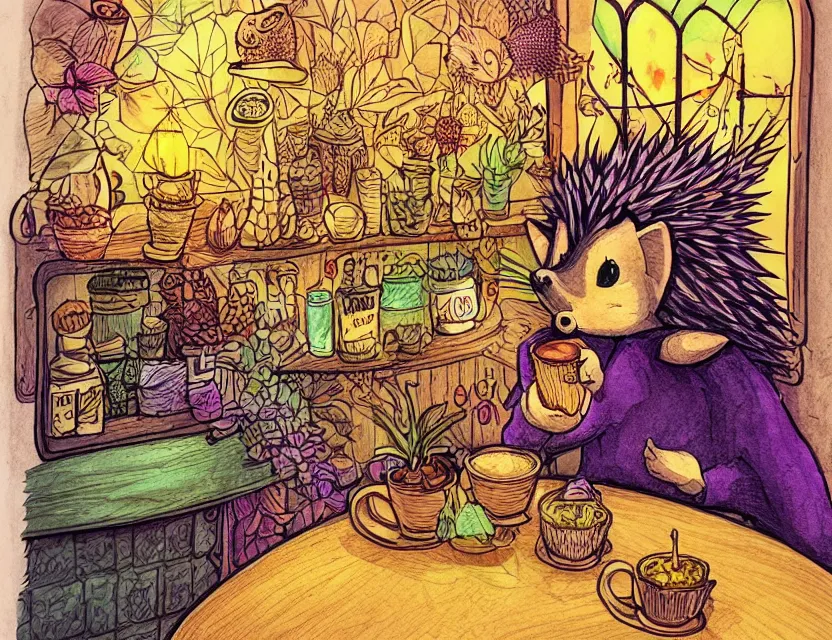 Image similar to hedgehog witch in a seedy cafe. complementary colors, copic markers, indie concept art, bloom, chiaroscuro, backlighting, intricate details.