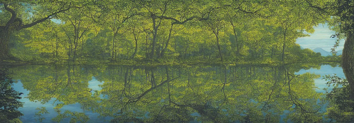 Image similar to escher painting of a lake, big trees reflecting on lake surface, ultra sharp, ultra detailed, colorized by salvador