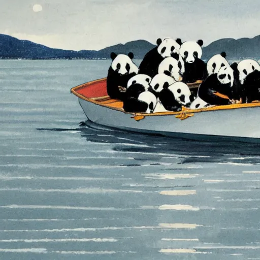 Image similar to a boat filled with pandas by winslow homer