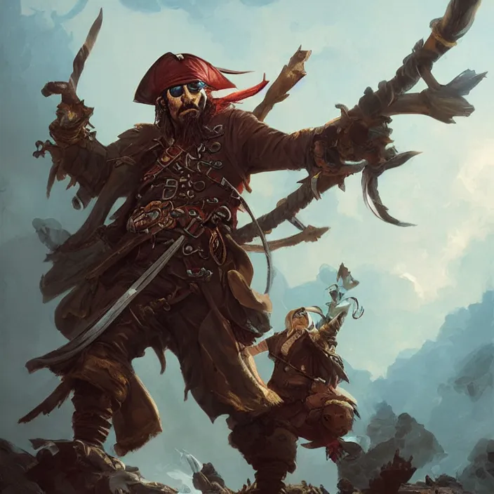Image similar to pirate captain d & d, d & d style, trending on artstation, intricate, highly detailed, vivid painting, colorful, art by greg rutkowski