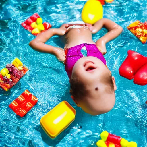 Prompt: a child swimming in a pool full of candy