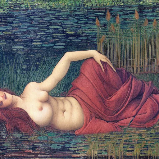 Image similar to ophelia, laying flat submerged in water, close up portrait, under the river amongst the reeds, fully covered in robes and lake foliage, weeds reeds, fully clothed in flowing medieval robes, by leonardo devinci, botticelli, devinci, rosetti and monet, 8 k