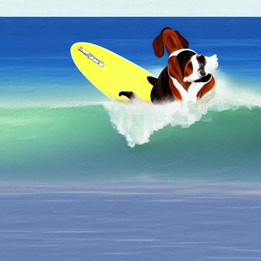 Prompt: a basset hound on a surboard, surfing a barrel wave, in the style of a traditional hawaii painting