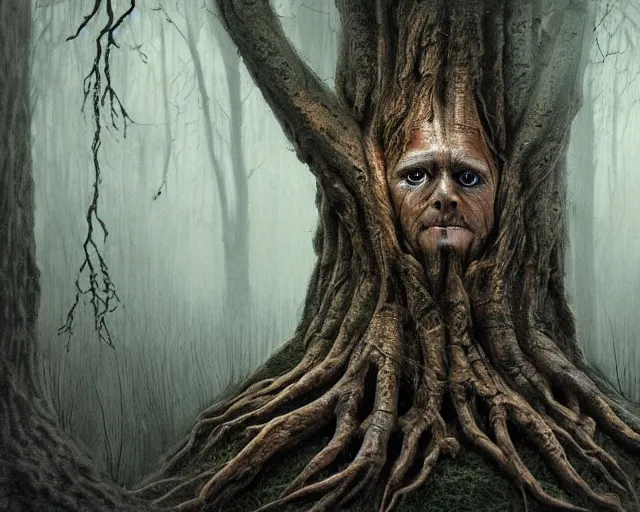 Prompt: a talking oak tree, a face in the bark, nose made of wood, eyes in the bark, mouth in the bark, fantasy horror concept art, scary, digital painting, oil painting, hyperrealistic, treebeard, ent, highly detailed, dark and gloomy, very detailed eyes, artstation, cgsociety, in the forest, by alan lee, by artgerm