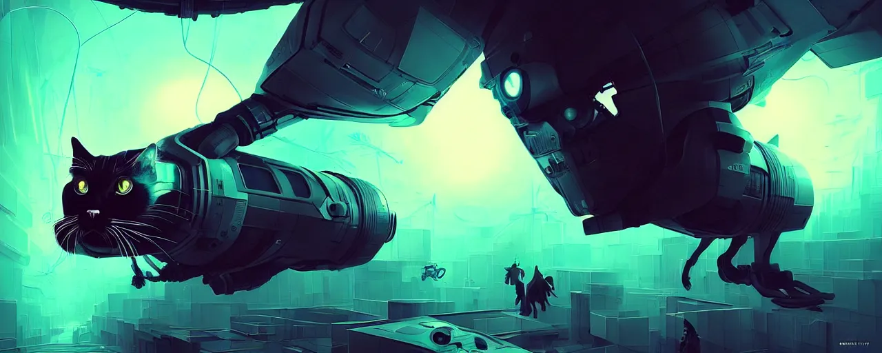 Image similar to duotone noir scifi concept dynamic illustration of 3 d mesh of cat inside box floating zero gravity glowing 3 d mesh portals futuristic, glowing eyes, octane render, surreal atmosphere, volumetric lighting. accidental renaissance. by sachin teng and sergey kolesov and ruan jia and heng z. graffiti art, scifi, fantasy, hyper detailed. trending on artstation