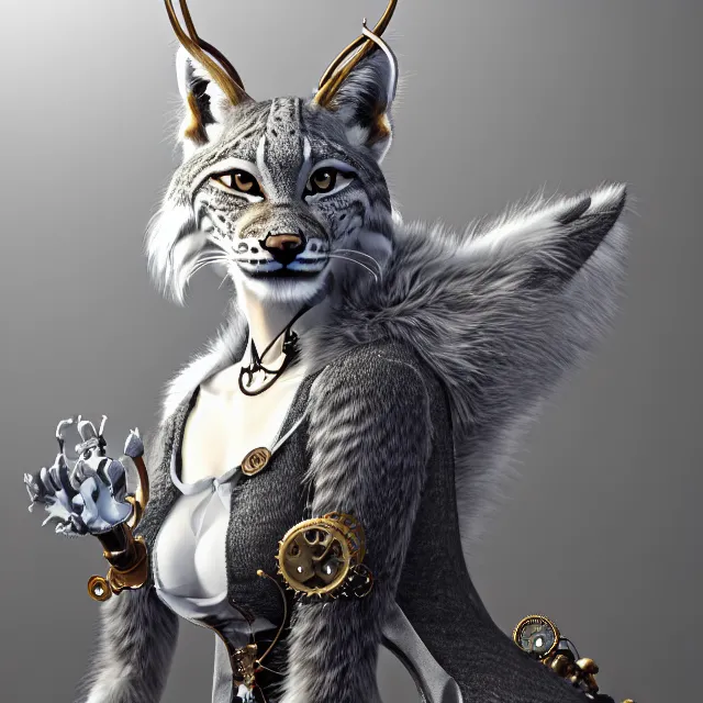 Prompt: the portrait of anthropomorphic lynx fursona wearing a steampunk dress as unimaginably beautiful, gorgeous, elegant, young lynx, an ultrafine hyperdetailed illustration by kim jung gi, irakli nadar, intricate linework, white fur, unreal engine 5 highly rendered, global illumination, radiant light, detailed and intricate environment