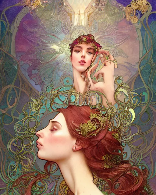 Image similar to an ethereal goddess with turquoise hair | highly detailed | very intricate | art nouveau | gold filigree | romantic storybook fantasy | soft cinematic lighting | award - winning | disney concept art watercolor illustration by mandy jurgens and alphonse mucha and alena aenami | pastel color palette | featured on artstation