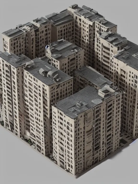 Image similar to a soviet apartment building, miniature, diorama , isometric, 3d render, studio lighting, soft light, 80mm, cheap plastic material, one object