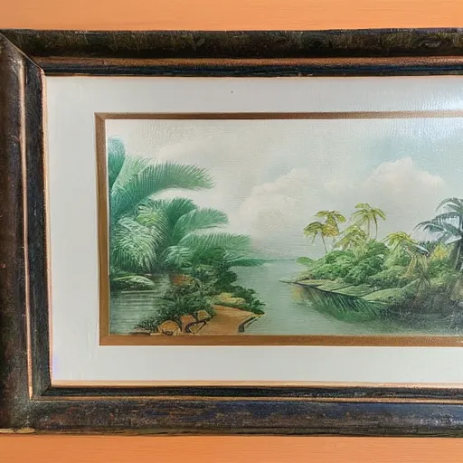 Image similar to a dusty old framed painting of a beautiful tropical landscape