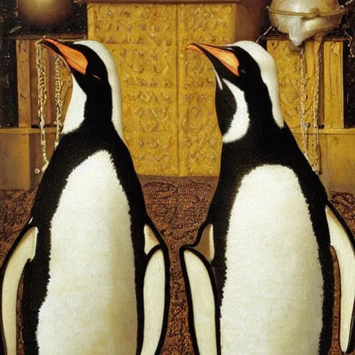 Prompt: portrait of two penguins wearing gold necklaces, oil painting by jan van eyck, northern renaissance art, oil on canvas, wet - on - wet technique, realistic, expressive emotions, intricate textures, illusionistic detail,