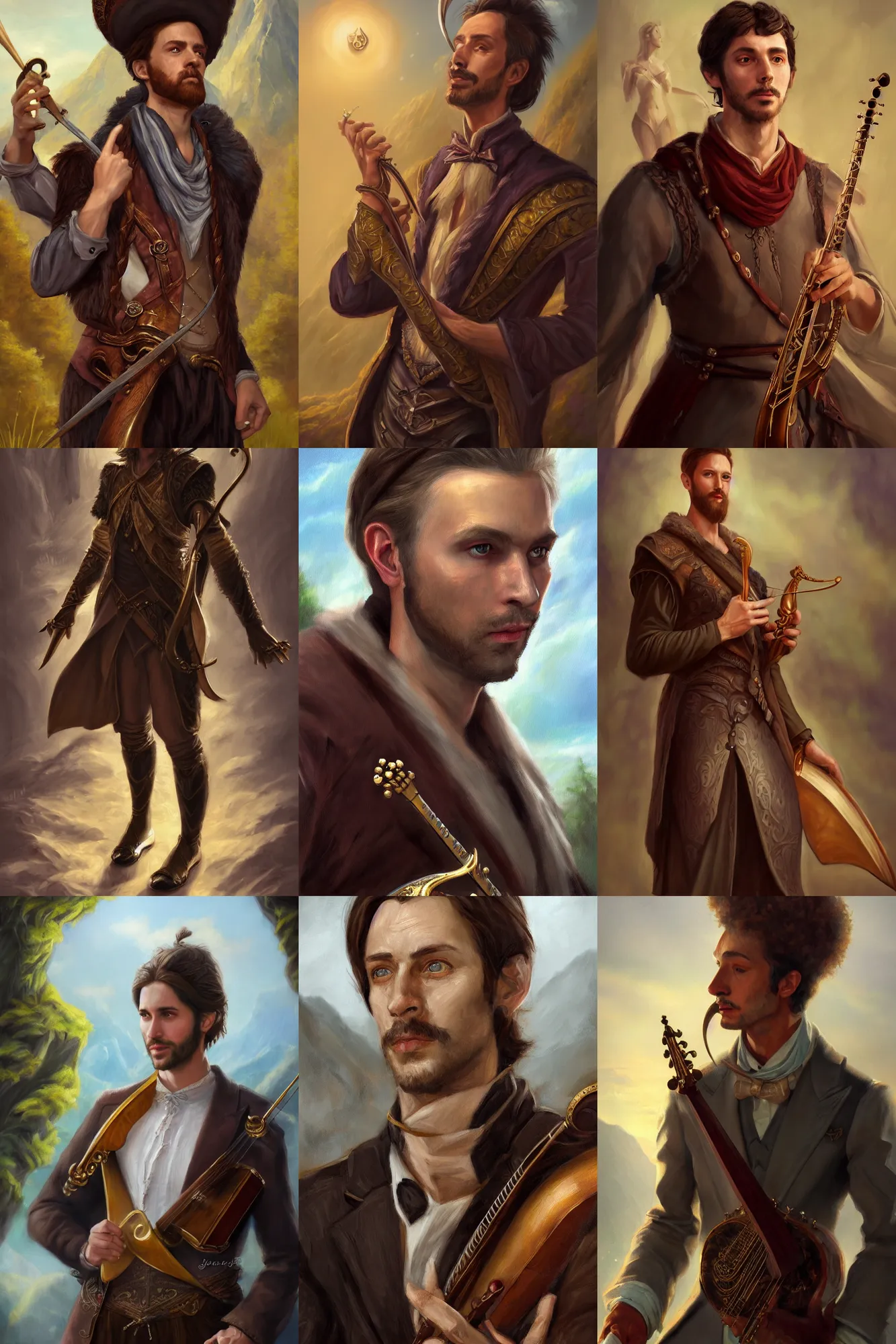 Image similar to a full body high detail fantasy portrait oil painting illustration of a single elegant male bard by justin sweet with face and body clearly visible, in a scenic background, visible pupils, realistic proportions, d & d, rpg, forgotten realms, artstation trending, high quality, sombre mood, artstation trending, muted colours, entire person visible!
