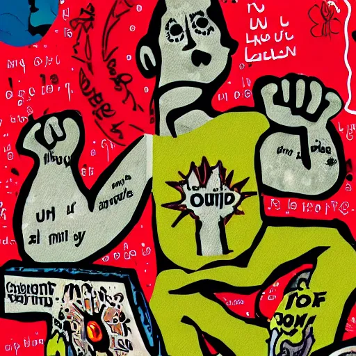 Image similar to daniel johnston in the style of daniel johnston and outsider art, 4k, overlaid with arabic adverts and text