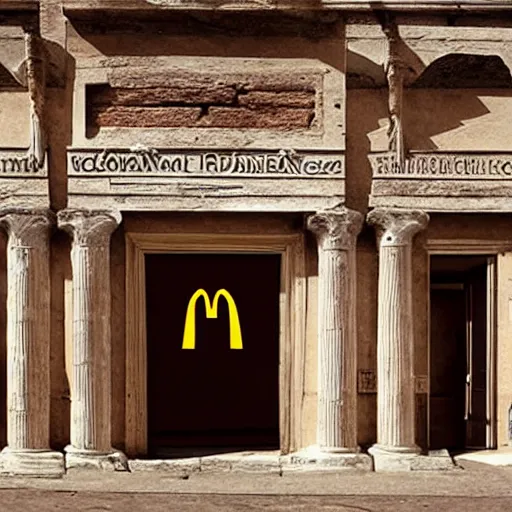 Prompt: Beautiful Promotional Photograph of ancient Roman McDonalds, McDonalds in ancient Rome, wideshot,longshot,fullshot.