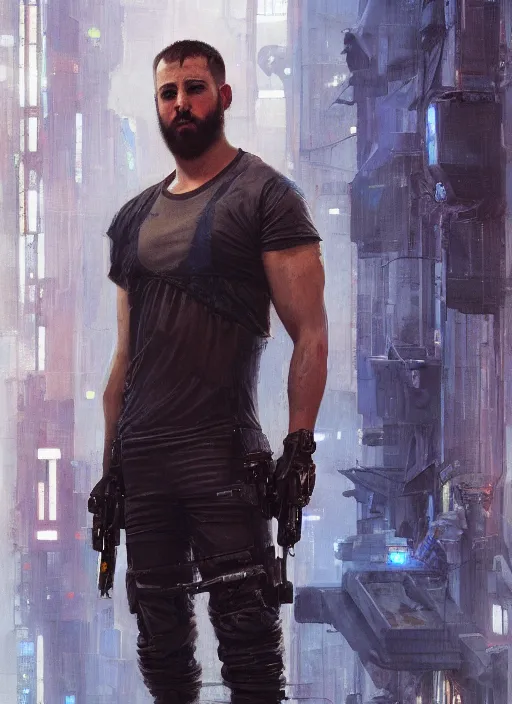 Image similar to dumb meathead. cyberpunk mercenary in a cyberpunk jumpsuit ( blade runner 2 0 4 9, cyberpunk 2 0 7 7 ). orientalist portrait by john william waterhouse and james gurney and theodore ralli and nasreddine dinet, oil on canvas. cinematic, hyper realism, realistic proportions, dramatic lighting, high detail 4 k