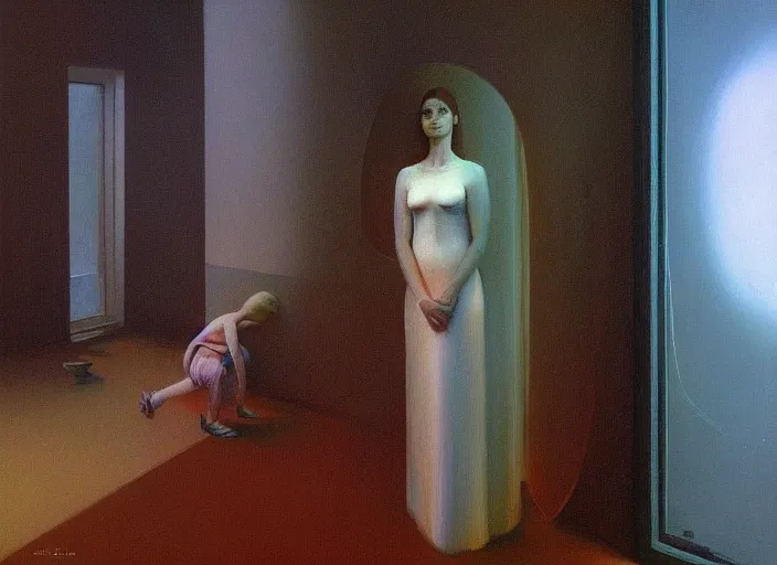 Image similar to portrait painting of a mother, science fiction, Edward Hopper and James Gilleard, Zdzislaw Beksinski, highly detailed