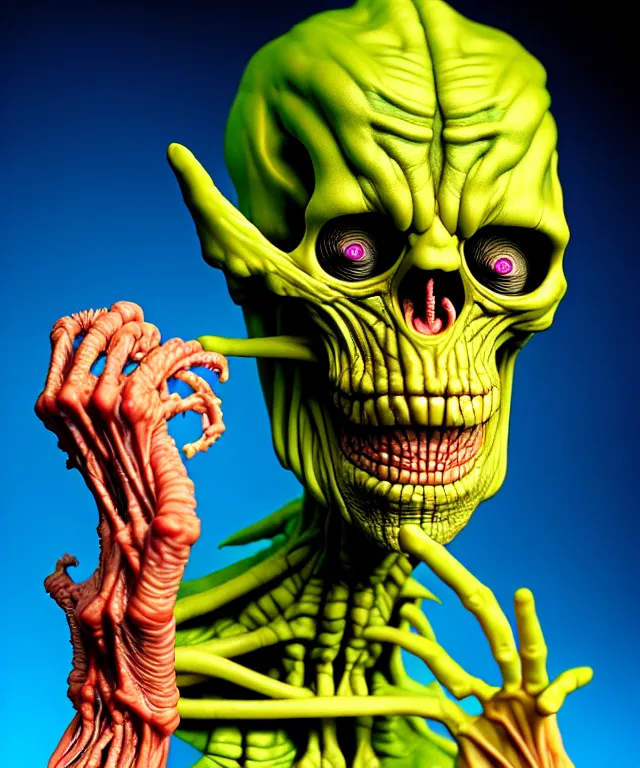 Image similar to hyperrealistic rendering, cronenberg flesh monster skeletor by art of skinner and richard corben and jeff easley, product photography, action figure, sofubi, studio lighting, colored gels