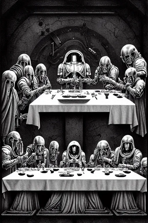 Image similar to painting of tech priests dining at the last supper, adeptus mechanicus!, cybernetic enhancements attached to his body, praise the omnissaiah, zdzislaw beksinski, lewis jones, mattias adolfsson, warhammer 4 0 k!!, cold hue's, warm tone gradient background, concept art, digital painting