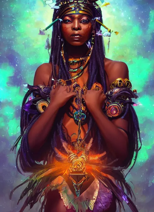 Image similar to beautiful black woman casting magical spells with powerful crystals, voodoo tribal mask headdress and kemetic imagery, digital painting artstation, concept art, matte, sharp focus, illustration, dramatic exploding nebulae, hearthstone, art by artgerm and greg rutkowski and alphonse mucha