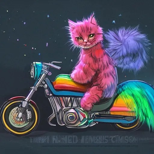 Image similar to wide angle full body, jacket wearing fluffy cute rainbow kitten wearing a black leather motorcycle jacket, cinematic concept art