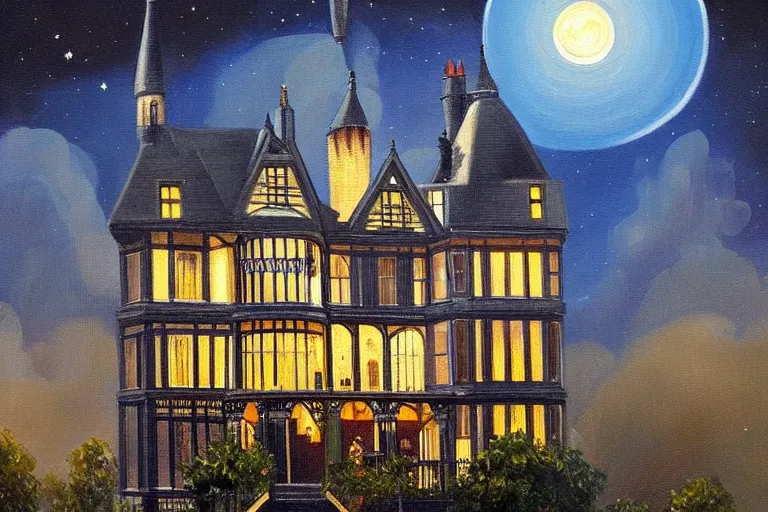 Image similar to a beautiful painting of a victorian house with bay windows, and a tower at night, very detailed by samuel and joseph newsom, harry potter