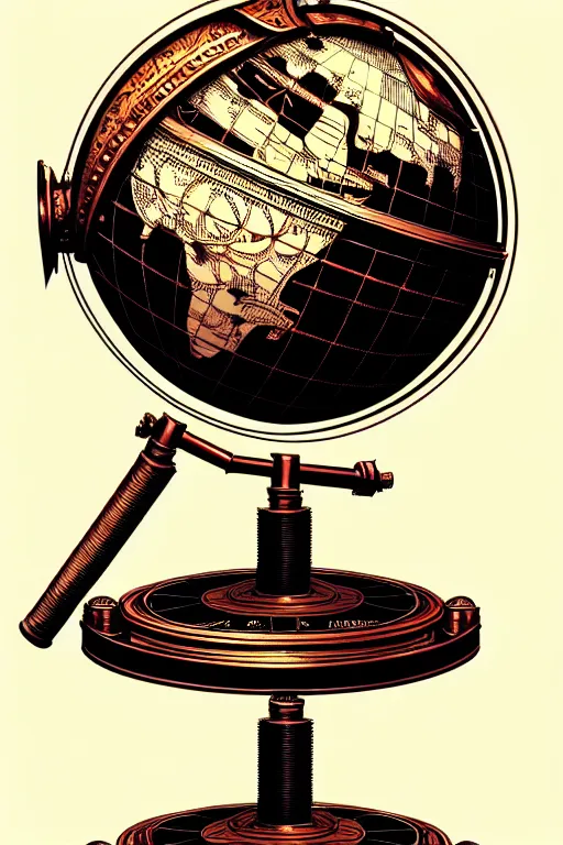 Prompt: ornate steampunk rotating globe on stand, high details, lineart, by vincent di fate, inking, 3 color screen print, masterpiece, trending on artstation, sharp, high contrast, hyper - detailed,, hd, 4 k, 8 k