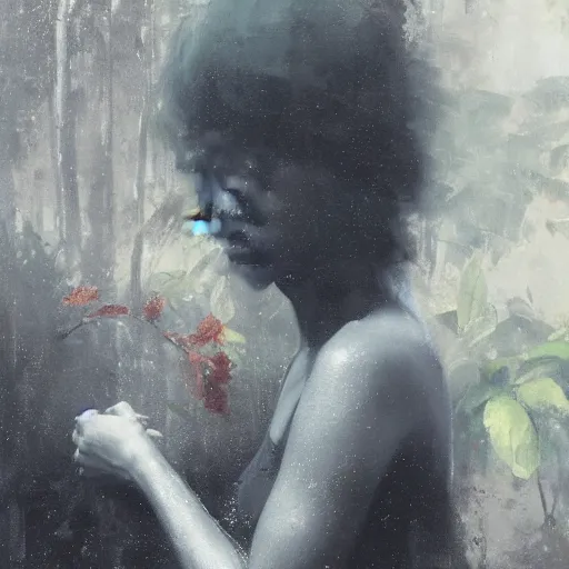 Prompt: a portrait of a character in a rainforest by Ruan Jia, raining