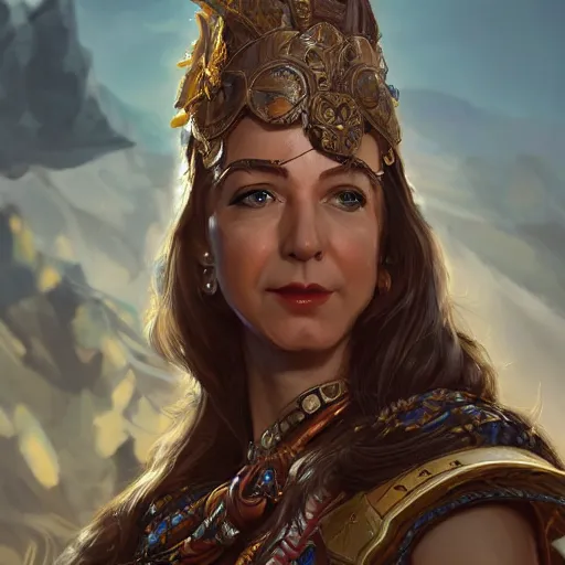 Image similar to Jeff Bezos as a female amazon warrior, closeup, D&D, fantasy, intricate, elegant, highly detailed, digital painting, artstation, concept art, matte, sharp focus, illustration, hearthstone, art by Artgerm and Greg Rutkowski and Alphonse Mucha