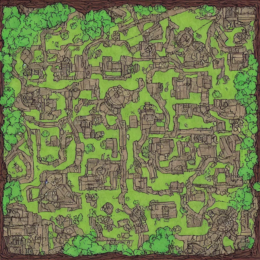 Image similar to bandit camp layout, art by allixander maps, acrylic drawing, fantasy, world, bright, clear, simple, sharpened