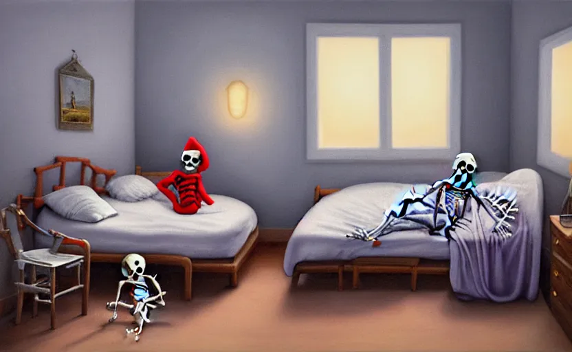 Image similar to matte oil painting of a clothed skeleton dressed in pajama robes and nightcaps and slippers inside of a dim bedroom that is full of furniture and toys, by tim jacobus, sleepy, cozy, warm