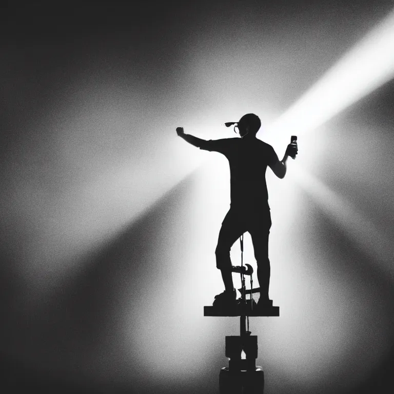 Image similar to arm holding microphone, epic pose, profile view, silhouetted, distinct figure, psychedelic hip-hop, laser light show, fog, beams of light