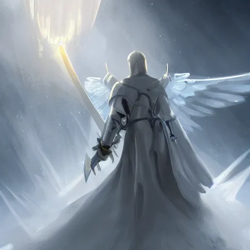 Image similar to a beacon of light is channeled from above into the tip of a white fantasy sword which splits and refracts the energy overhead by an archangel man on a medieval battlefield, artstation, deviantart, 8k, concept art, incredibly detailed art