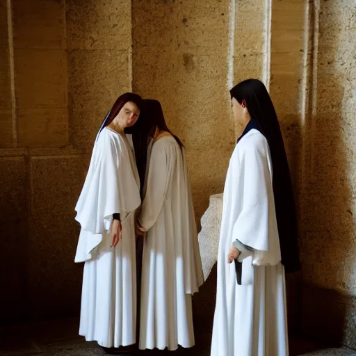 Prompt: 3 mary's, talking to 2 angels at the tomb of jesus, medium wide shot, monia merlo, velasquez