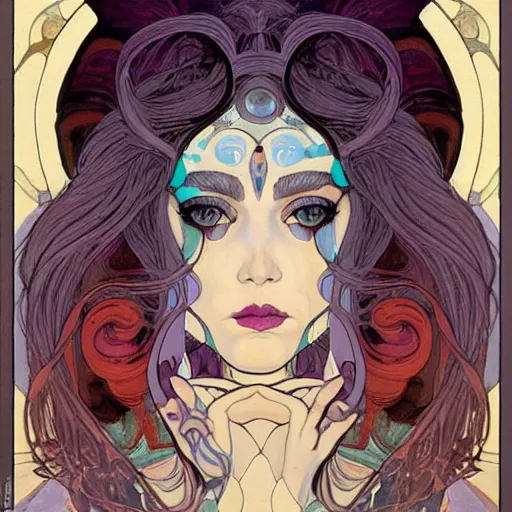 Image similar to The Goddess of Art, beautiful eyes, symmetrical face, paint, ink, palettes, spectrum, in the style of Joshua Middleton, Mucha, Kandinsky