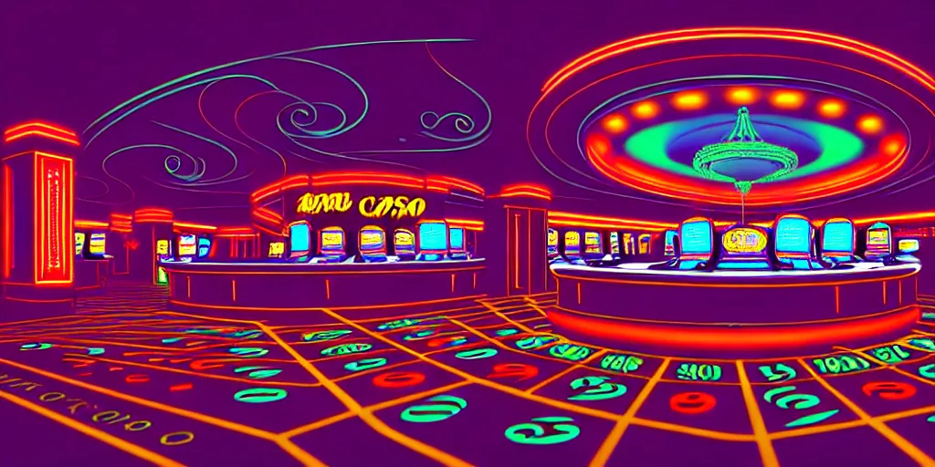 Image similar to extreme wide angle curly perspective digital art of indoor casino with a stage pale colors by anton fadeev from nightmare before christmas