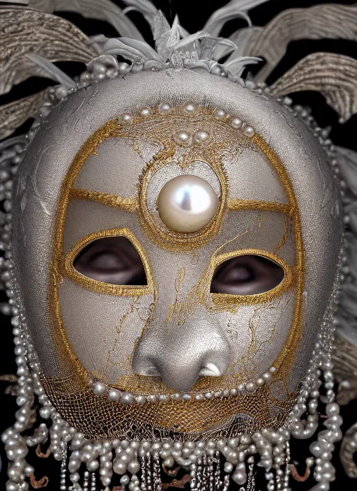 Image similar to hyperrealism, detailed textures, award winning autochrome photo, symetrical japanese pearl, beautiful dreaming voodoo pearl queen, autochrome pearl portrait, pearl silverplate, intricate, detailed facial pearl scary animal mask, pearl, golden jewelery, silverplate, ultra realistic, cinematic, intricate, cinematic light by steve mccurry, unreal engine 8 k