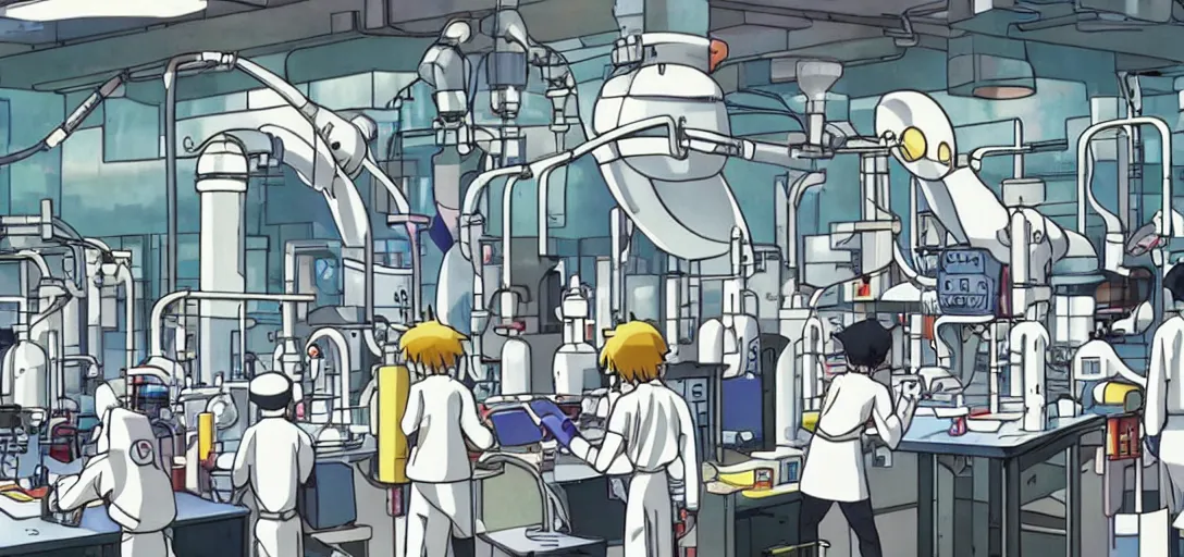 Prompt: A laboratory with a huge machine that clones Pokémon, Mewtwo growing in a tube in the center of the room, scientists are taking notes nearby, art by Hayao Miyazaki, art by Studio Ghibli, anime style