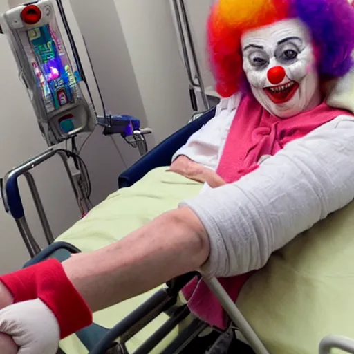 Image similar to crazy old lady clown with wrist restraints in hospital bed